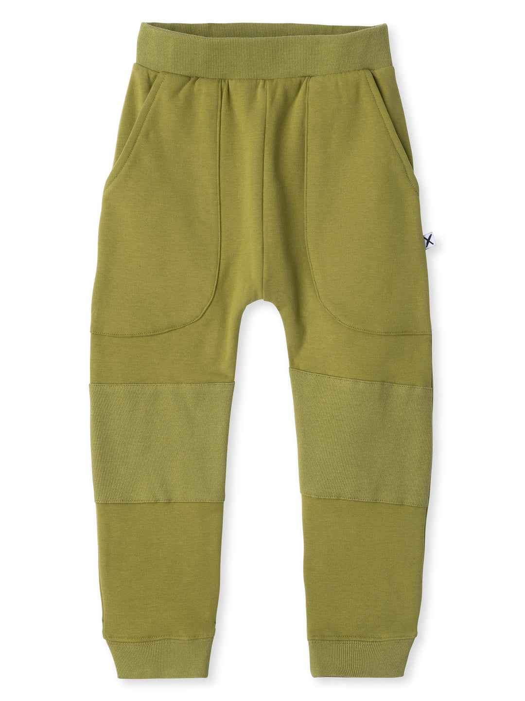 Minti kids clothing. Super cool baggy trackies featuring elastic waistband, front pockets, back pocket, 2x2 rib cuffs and reinforced 2x2 rib knee patches. Minti embroidery on the back pocket. 330 Gram // Brushed Inside // 95% Cotton // 5% Elastane.