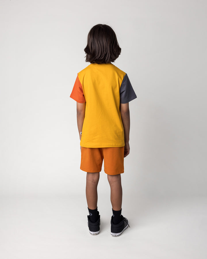 Kid wearing the Track Short in burnt orange with the Dino Ride Tee in mustard, grey and orange, back view