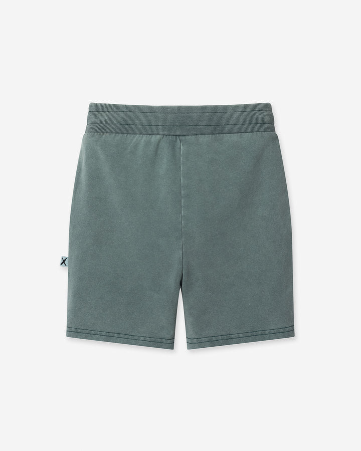 Blasted Track Short in forest wash, boys shorts by Minti, flat lay, back view