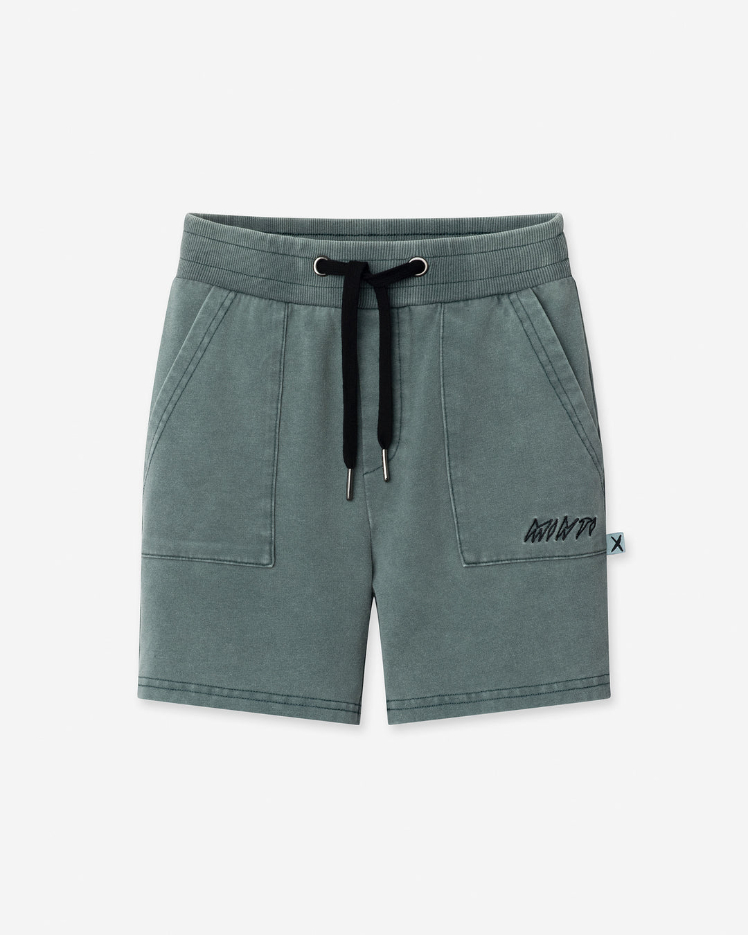 Blasted Track Short in forest wash, boys shorts by Minti, flat lay