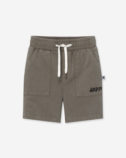 Blasted Track Short in grey wash, boys shorts by Minti, flat lay
