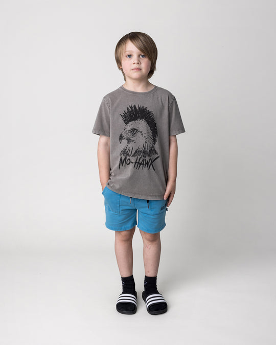 Kid wearing the Blasted Track Short in sky wash with the Mo-Hawk Tee in grey wash, front view