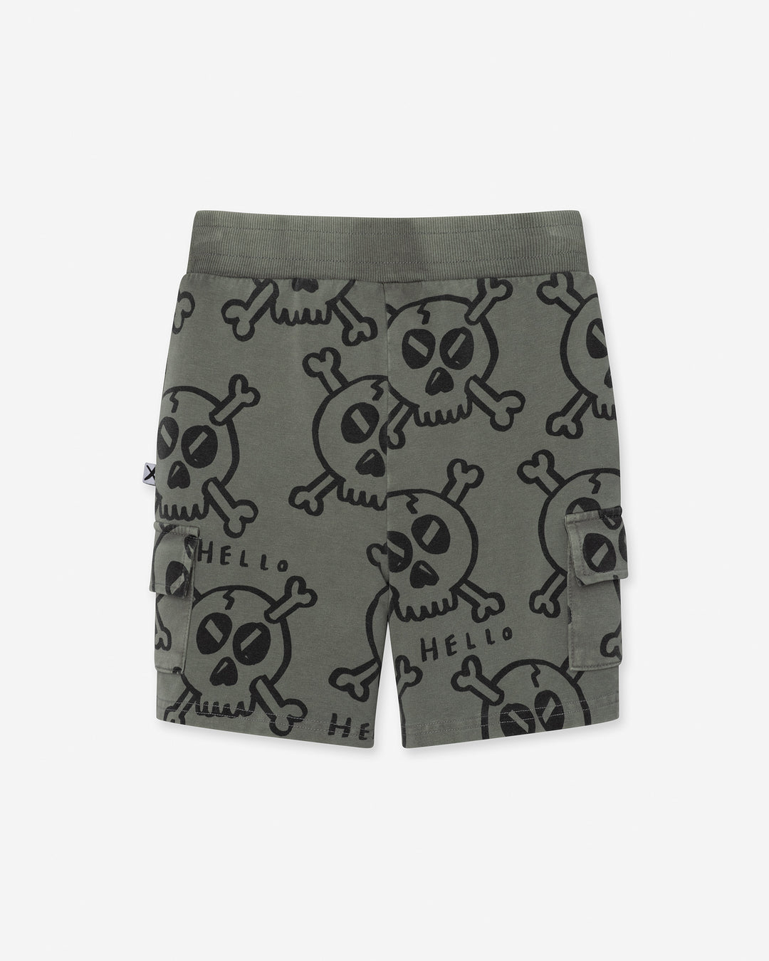 Hello Skull Short in grey wash, boys shorts by Minti, flat lay, back view