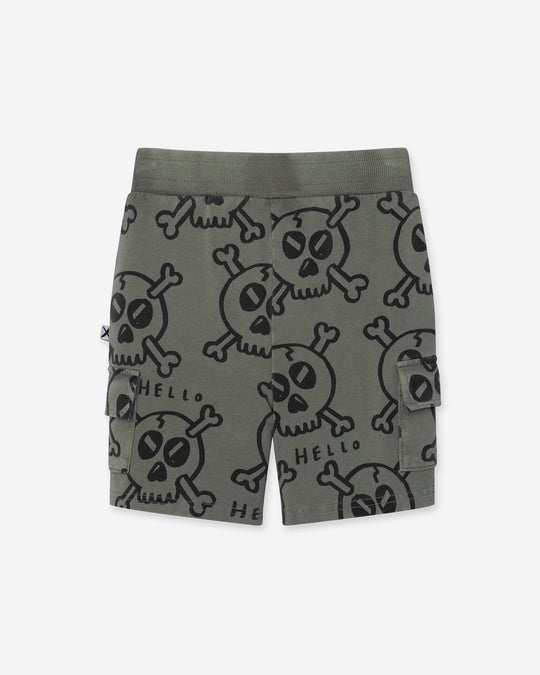 Hello Skull Short in grey wash, boys shorts by Minti, flat lay, back view