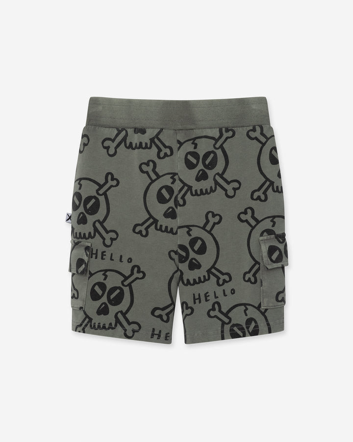 Hello Skull Short in grey wash, boys shorts by Minti, flat lay, back view