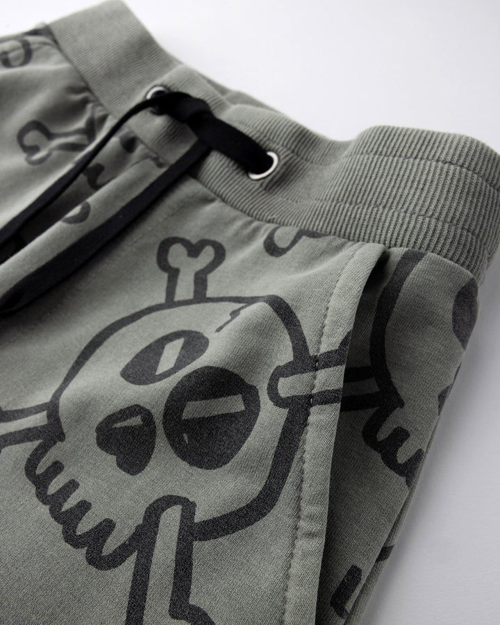 Close up detail of the Hello Skull Short in grey wash