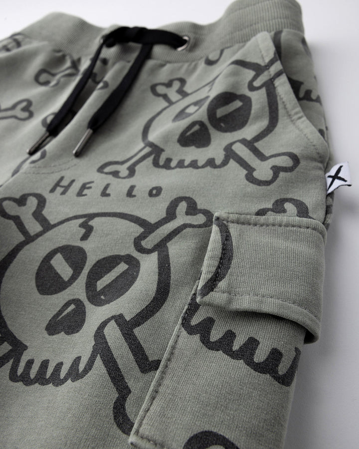 Close up detail of the Hello Skull Short in grey wash