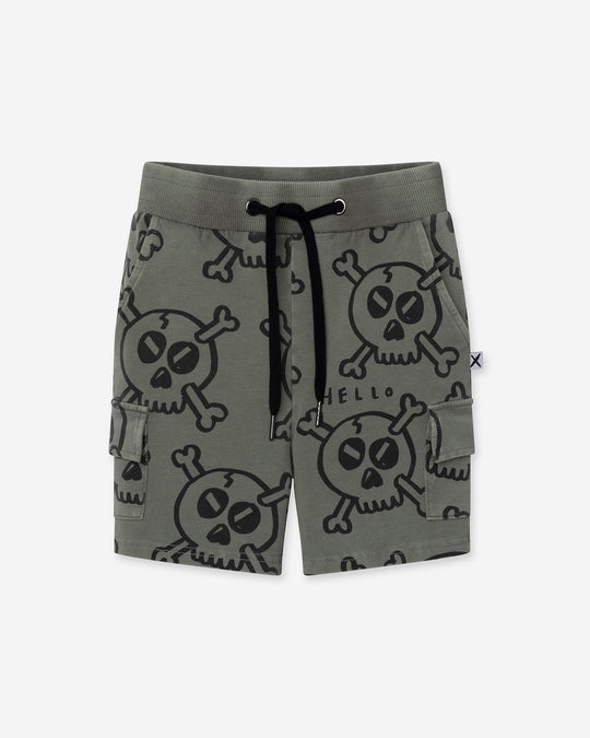 Hello Skull Short in grey wash, boys shorts by Minti, flat lay