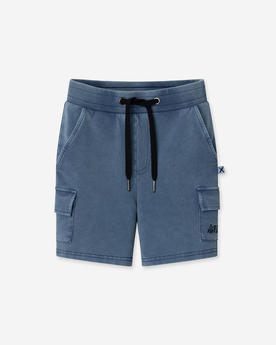 Blasted Deluxe Cargo Short in midnight wash, boys shorts by Minti, flat lay