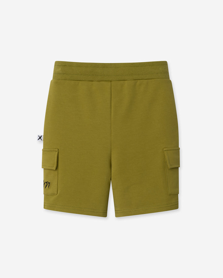 Deluxe Cargo Short in olive, boys shorts by Minti, flat lay, back view