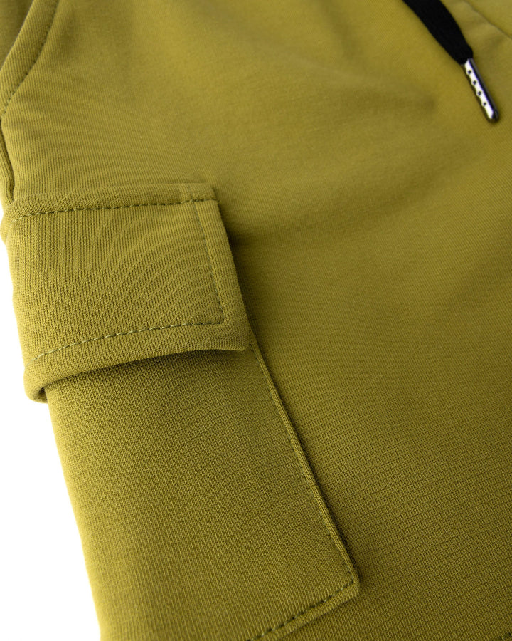 Close up detail of the Deluxe Cargo Short in olive