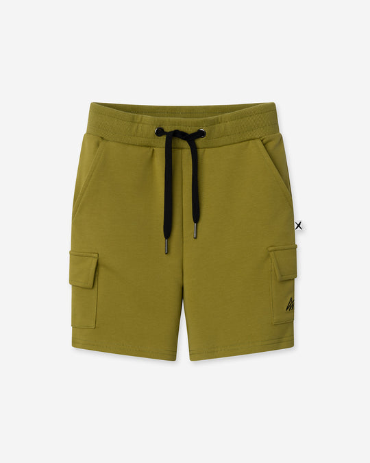 Deluxe Cargo Short in olive, boys shorts by Minti, flat lay
