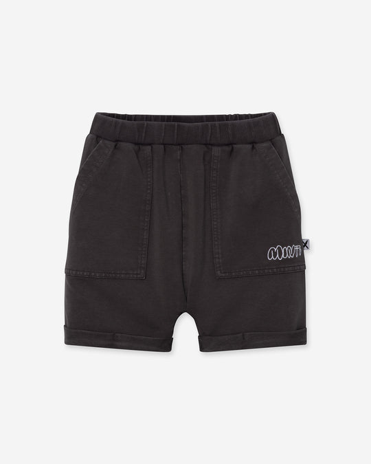 Blasted Roller Short in black wash, boys shorts by Minti, flat lay