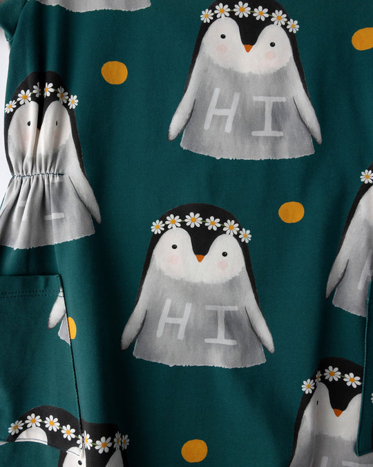 Close up of the Flower Penguin Dress print in dark green