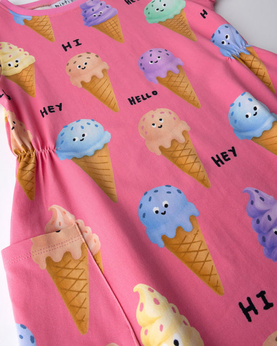 Close up of the Happy Icecreams Dress print in pink