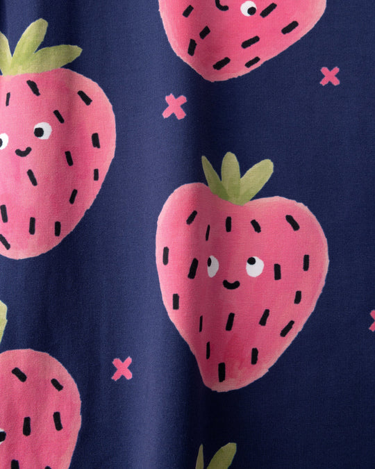 Close up of the Happy Strawberry Dress print in turquoise