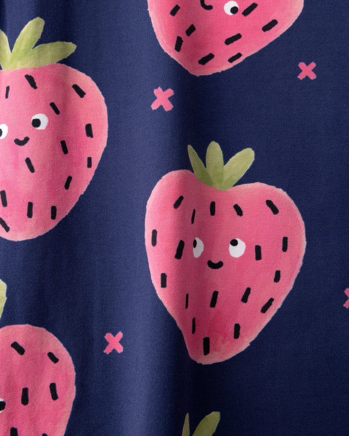 Close up of the Happy Strawberry Dress print in turquoise