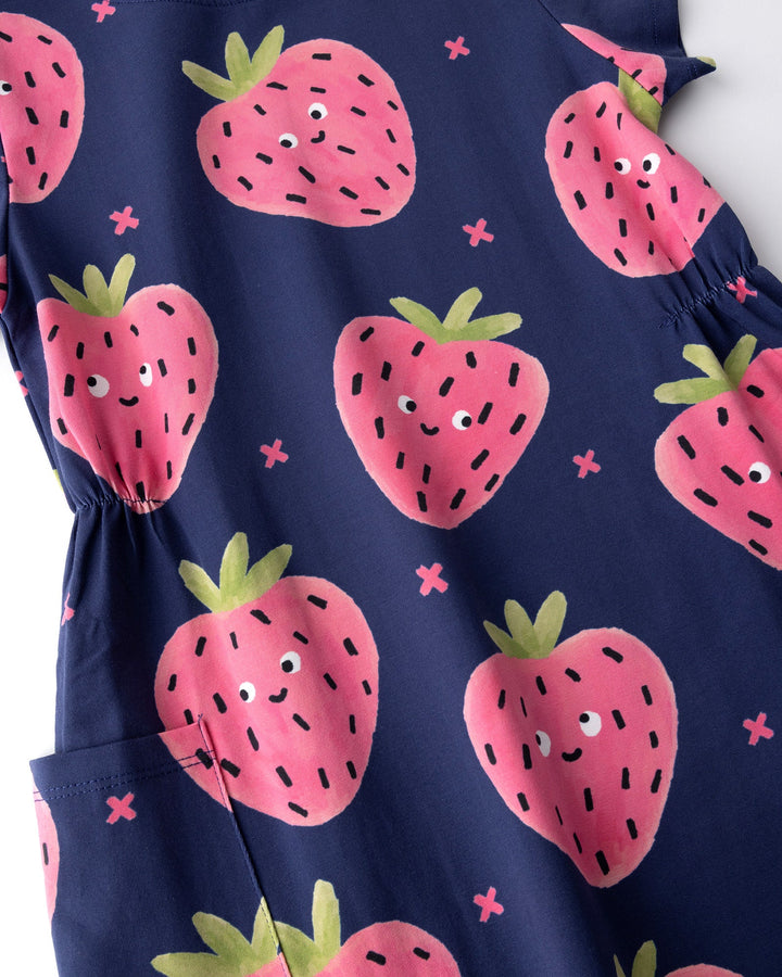 Close up of the Happy Strawberry Dress print in turquoise