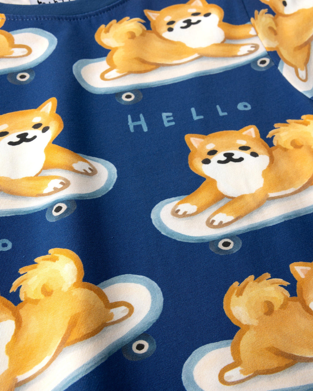 Close up of the Skate Puppy Dress print in midnight