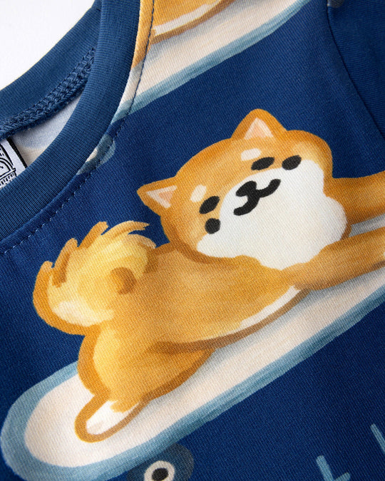 Close up of the Skate Puppy Dress print in midnight