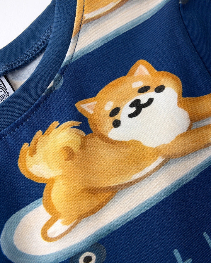 Close up of the Skate Puppy Dress print in midnight