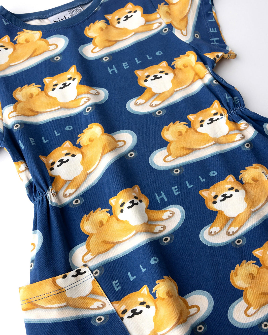 Close up of the Skate Puppy Dress print in midnight