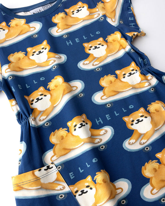 Close up of the Skate Puppy Dress print in midnight