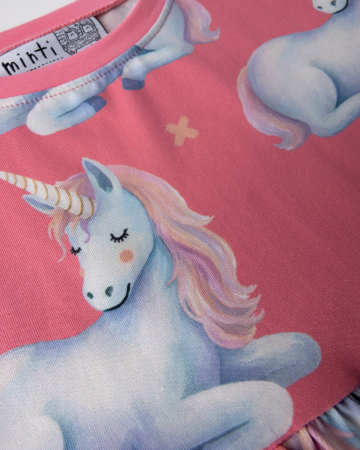 Close up of the Daydreaming Unicorn Dress print in candy