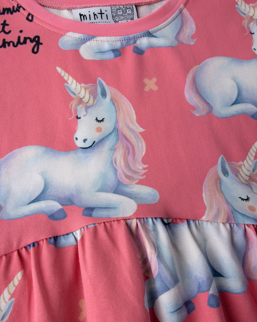 Close up detail of the Daydreaming Unicorn Dress in candy