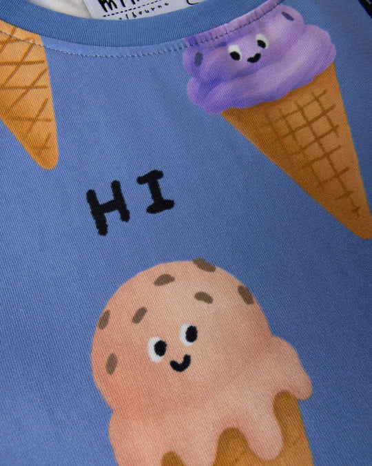 Close up of the Happy Icecreams Dress print in cornflower