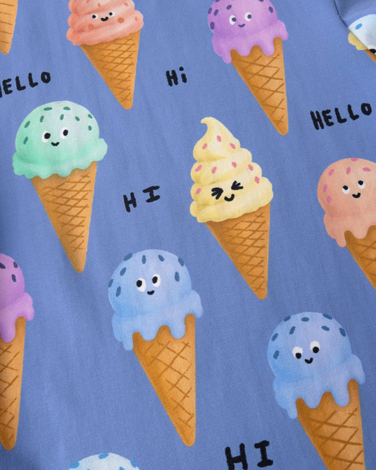 Close up of the Happy Icecreams Dress print in cornflower