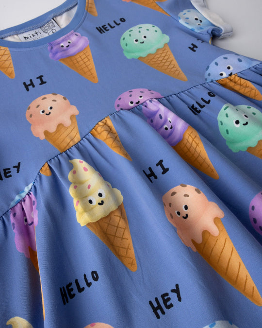 Close up of the Happy Icecreams Dress print in cornflower