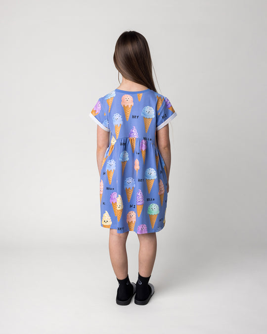 Kid wearing the Happy Icecreams Dress in cornflower, back view