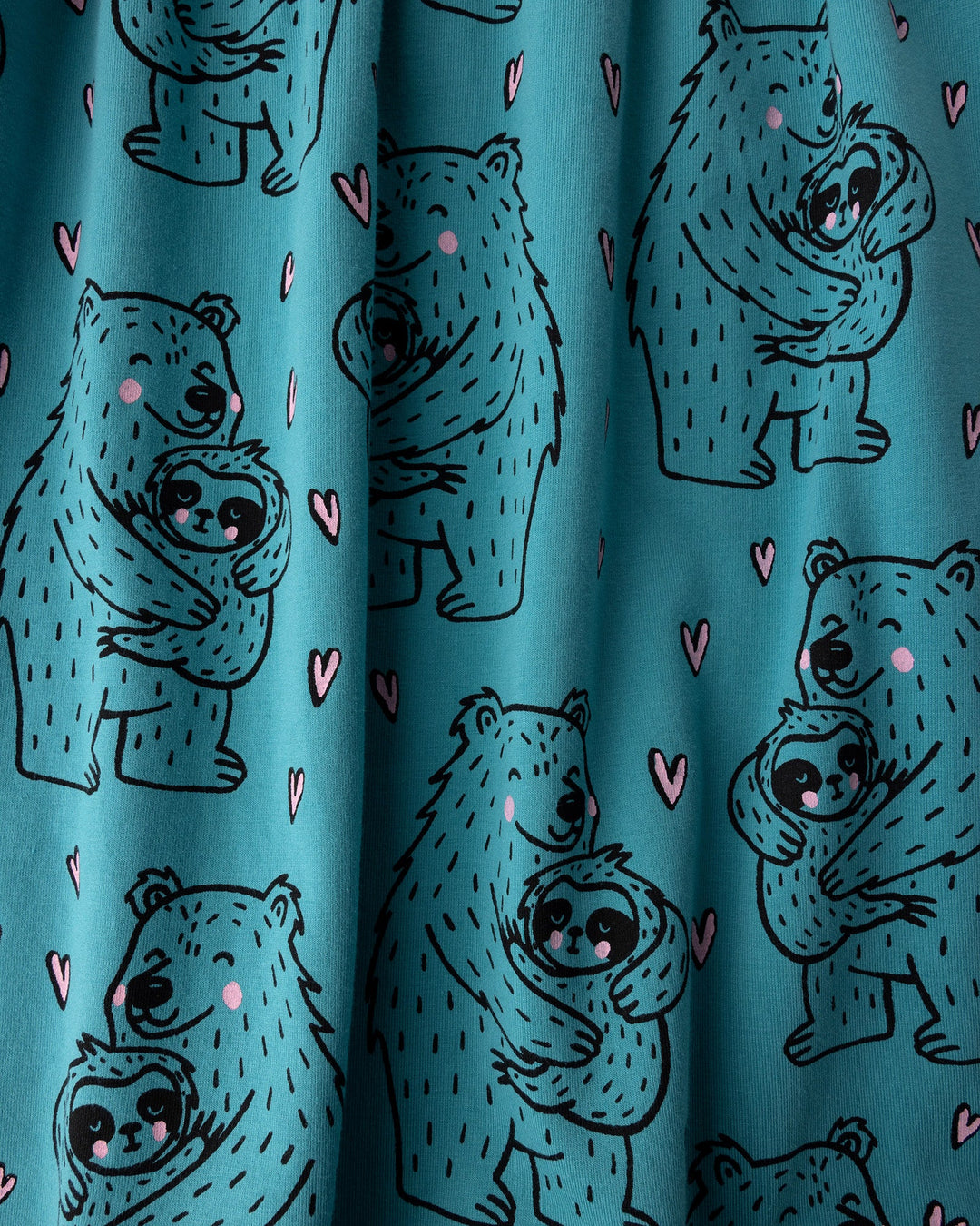 Close up of the Bear Hug Dress print in emerald