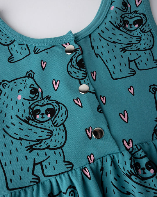 Close up of the Bear Hug Dress print in emerald