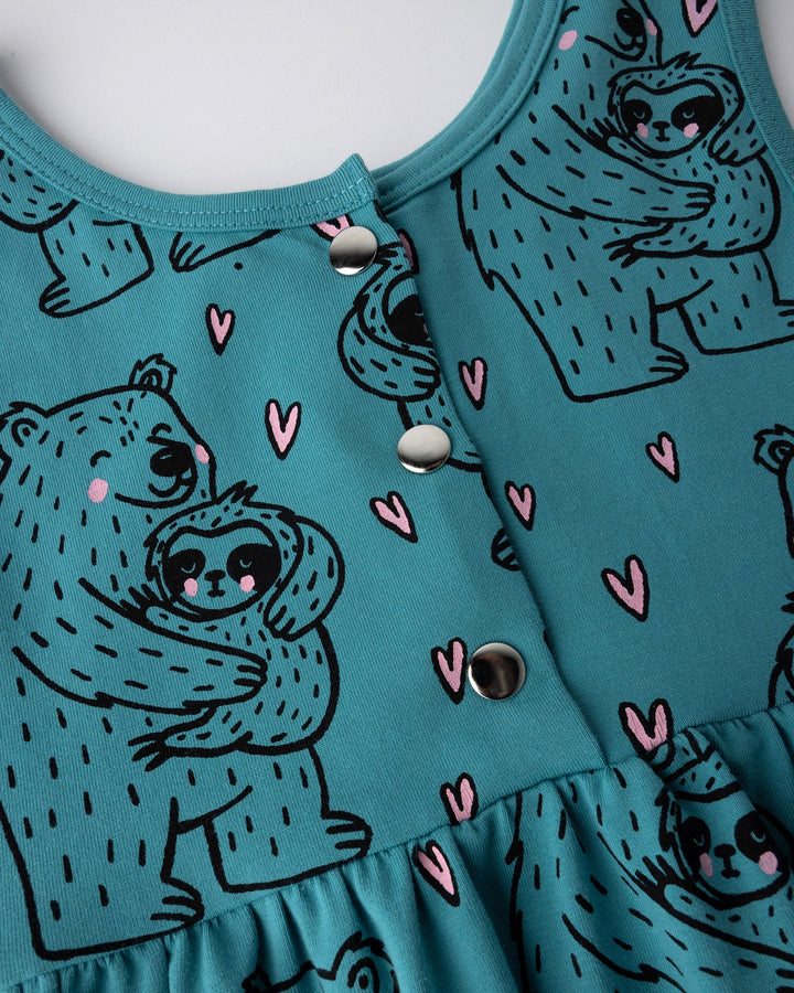 Close up of the Bear Hug Dress print in emerald