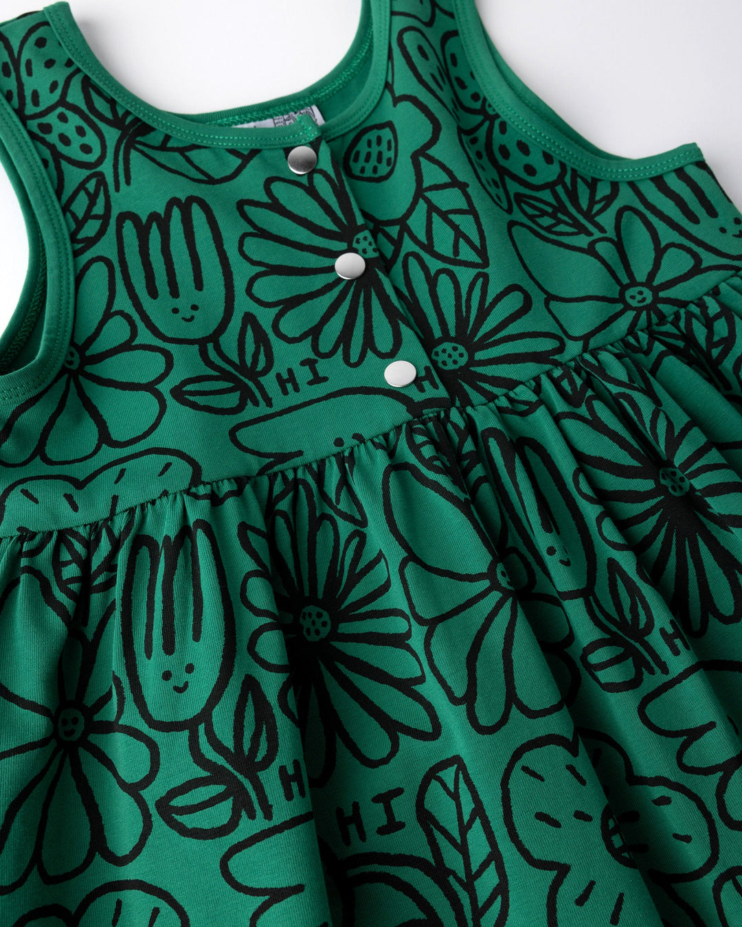 Close up of the Big Flowers Dress print in kelly green