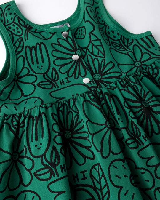 Close up of the Big Flowers Dress print in kelly green