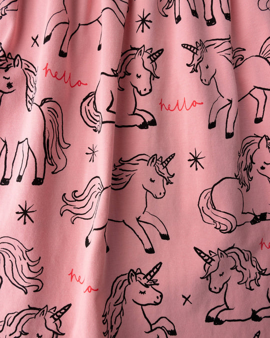 Close up of the Hello Unicorns Dress print in pink