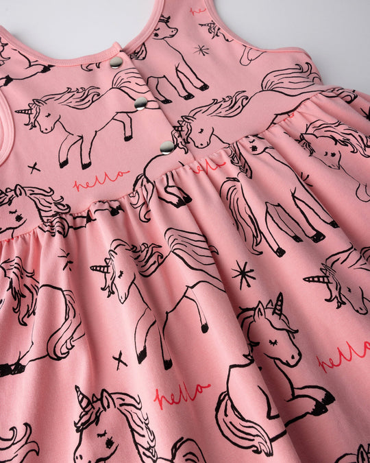 Close up of the Hello Unicorns Dress print in pink