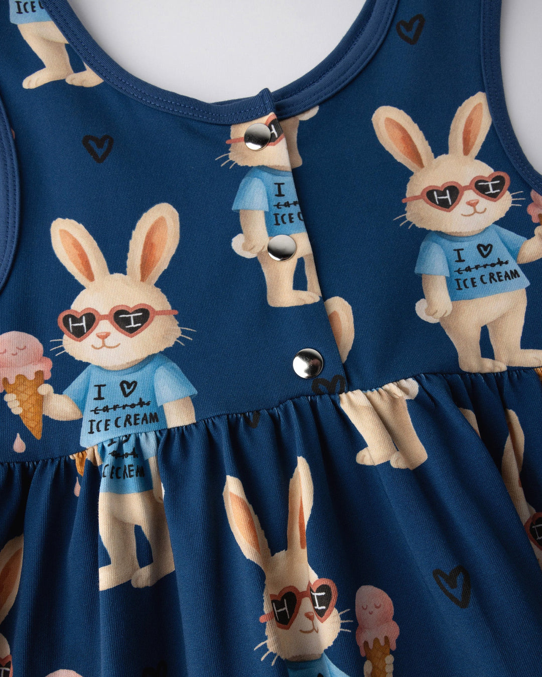 Close up of the Icecream Bunny Dress print in blue