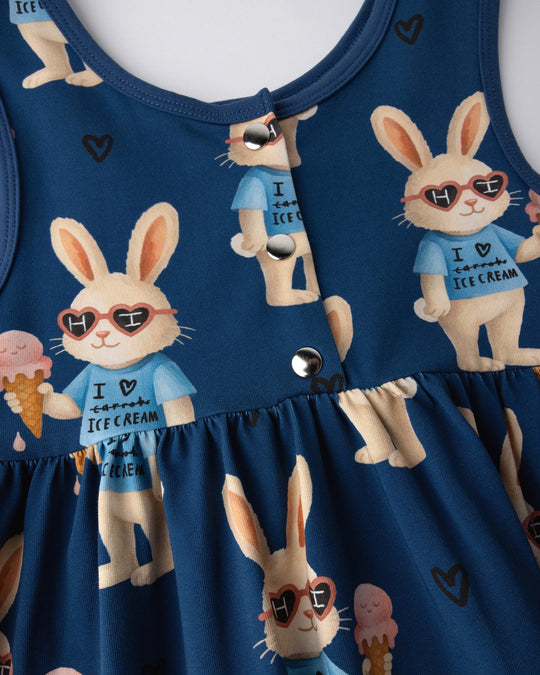 Close up of the Icecream Bunny Dress print in blue
