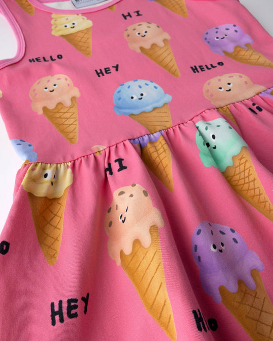 Close up of the Happy Icecreams Dress print in pink