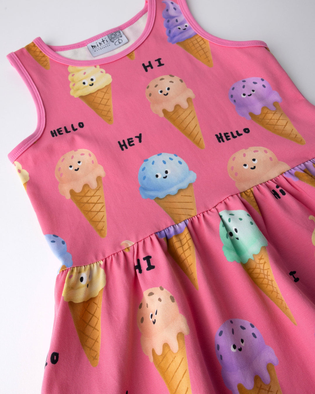 Close up of the Happy Icecreams Dress print in pink