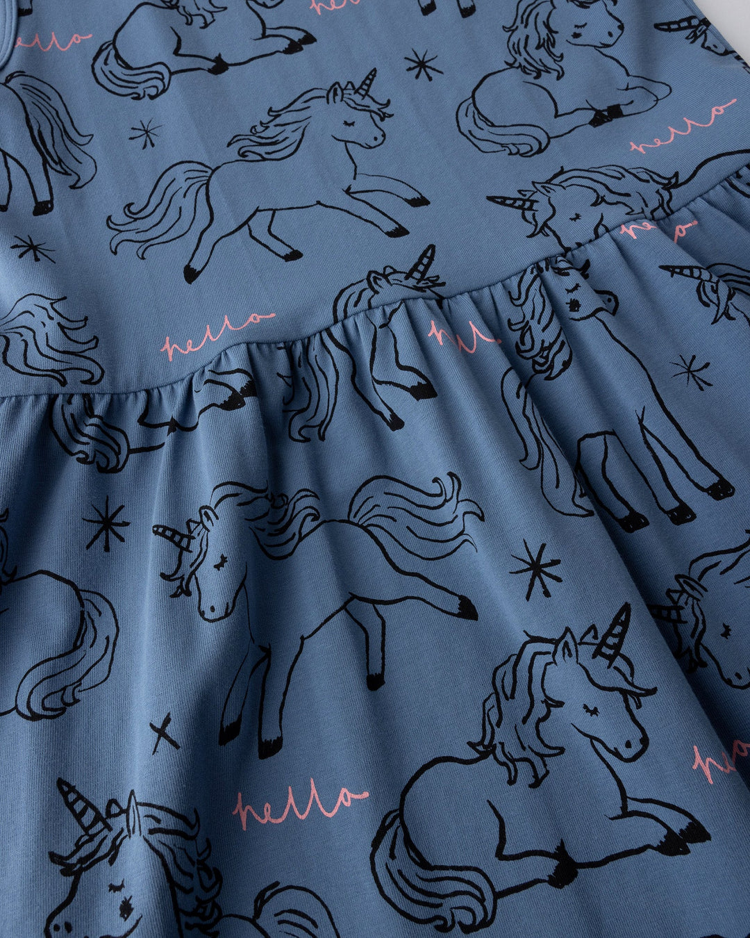 Close up detail of the Hello Unicorns Dress in mid blue