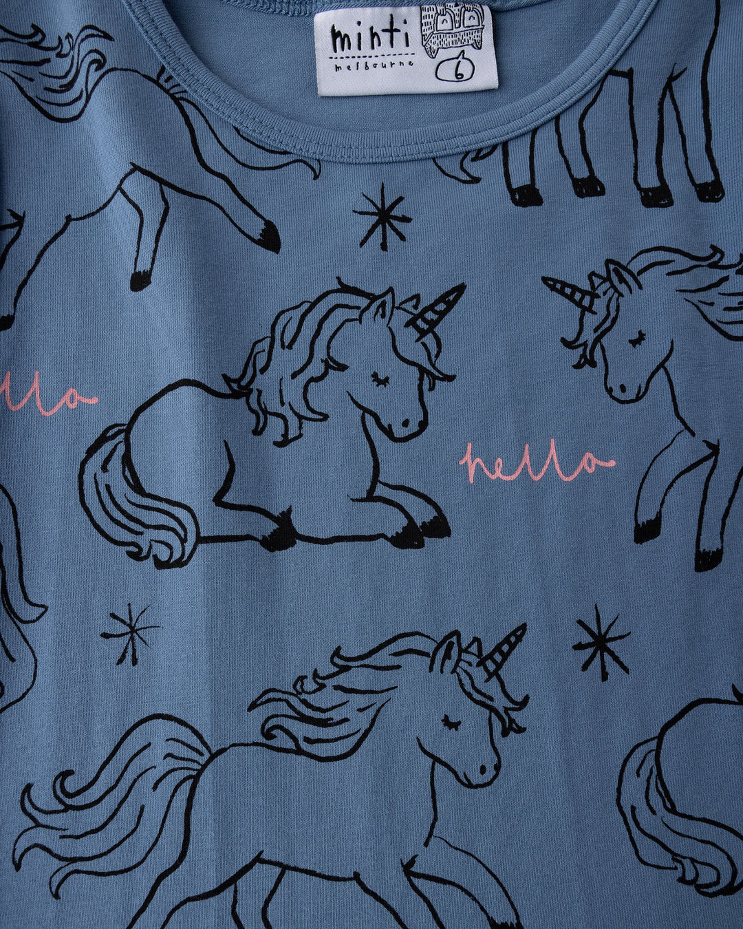 Close up detail of the Hello Unicorns Dress in mid blue