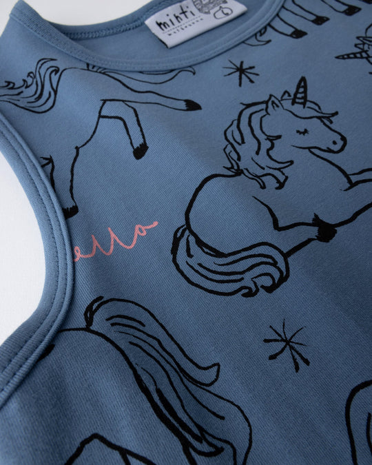 Close up of the Hello Unicorns Dress print in mid blue