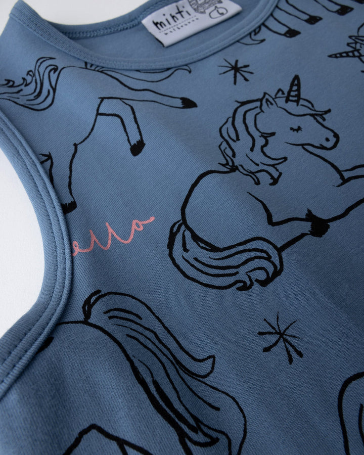 Close up of the Hello Unicorns Dress print in mid blue