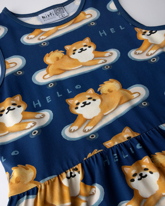 Close up of the Skate Puppy Dress print in midnight