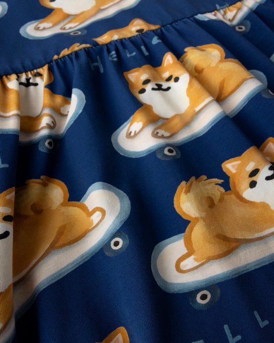 Close up of the Skate Puppy Dress print in midnight